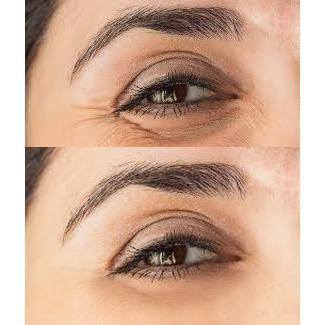 Before and after comparison of eye makeup application on a person's eyelid.
