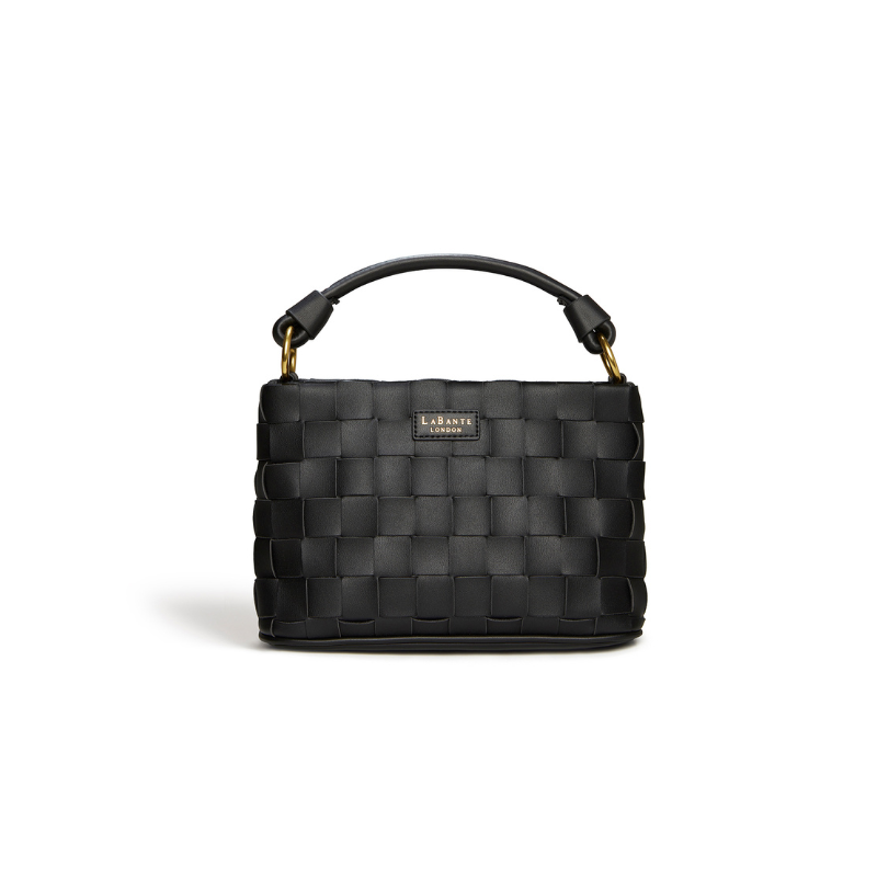 Black woven handbag on a white background