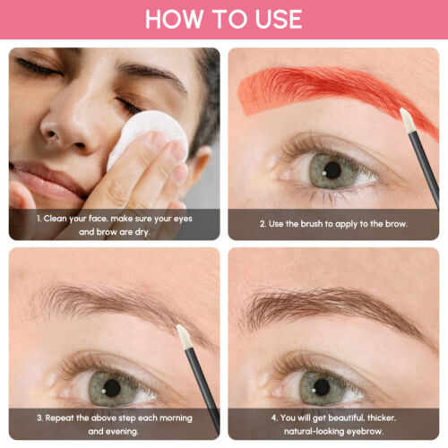 Step-by-step guide on applying eyebrow product with close-up shots and text instructions.