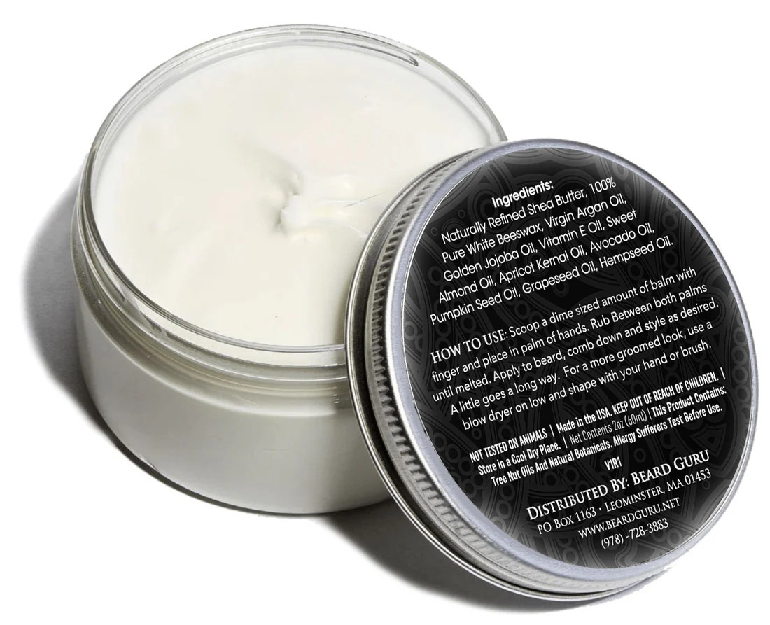 Jar of BeardGuru beard balm, unscented with a black lid showing ingredients on a white background