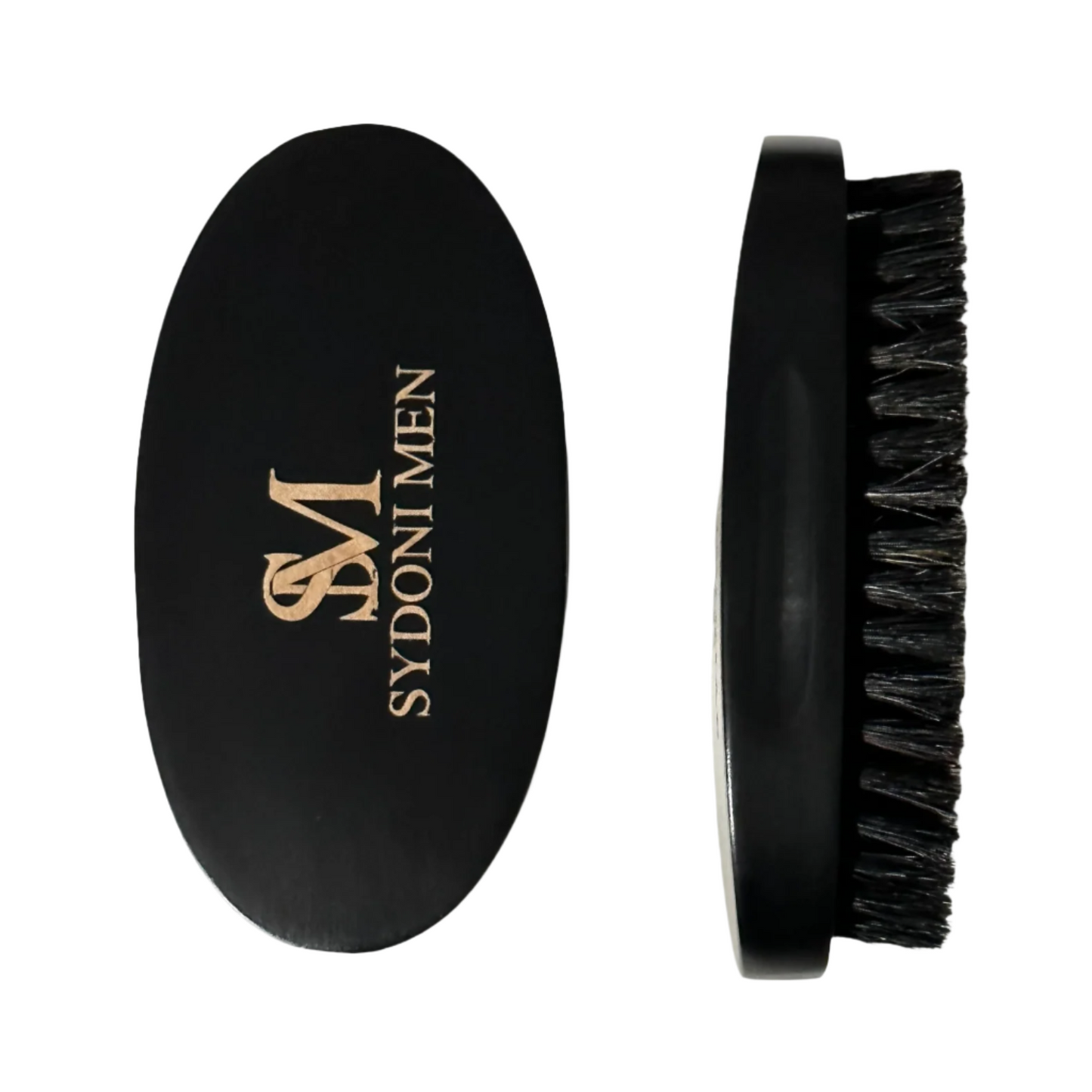 Black beard brush with bristles on a white background, featuring the Sydoni Men logo.