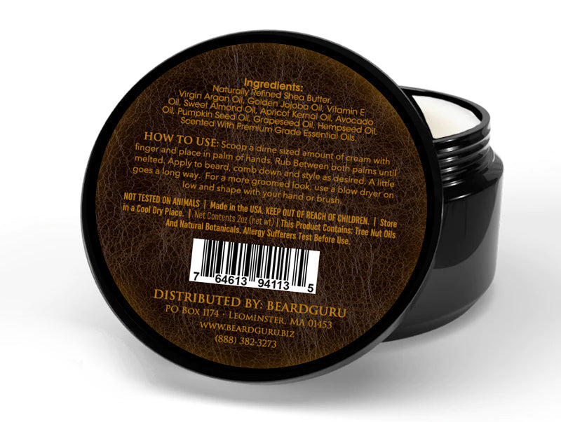 BeardGuru Black container with brown label on a white background