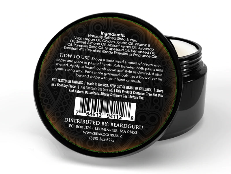 BeardGuru Black container with open lid showing ingredients and distribution information on a white background