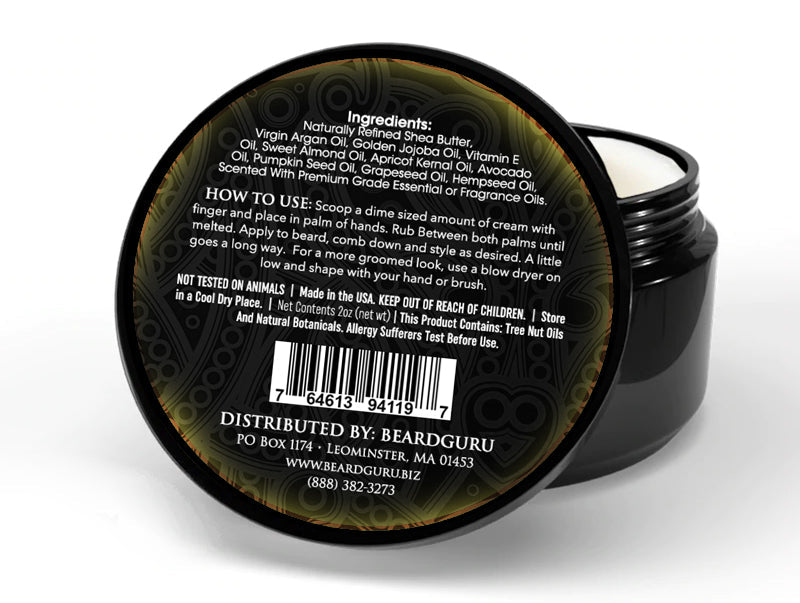 Black container with open lid showing label and ingredients on a white background
