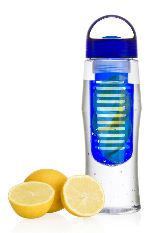 Fruitzola Jammer Fruit Infuser Water Bottle (27 oz) BPA-Free with blue cap and lemon slices on a white background