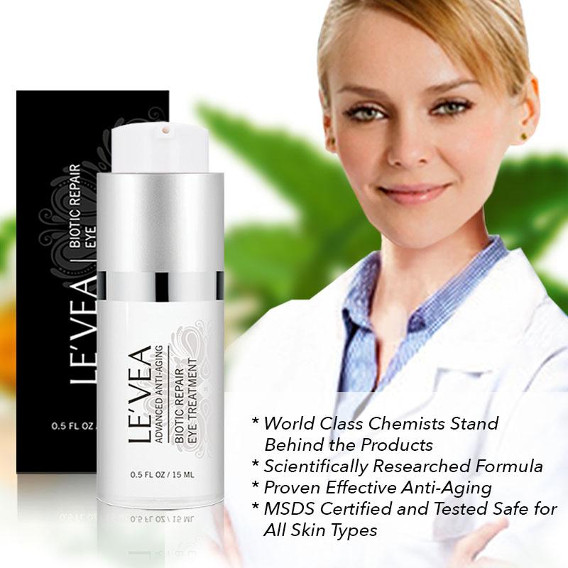 Le'Vea biotic repair eye treatment with a woman in a lab coat and green leaves in the background