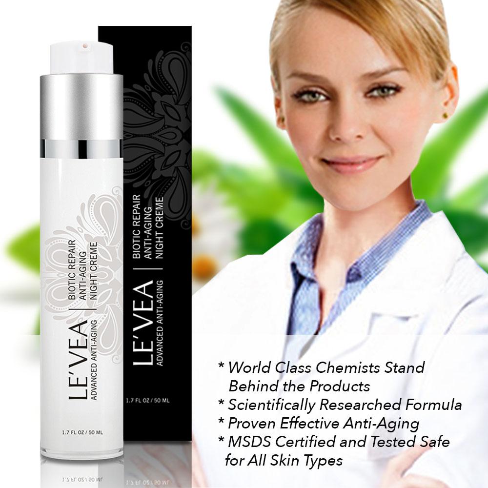 Levea anti-aging night cream with packaging and a woman in a lab coat.