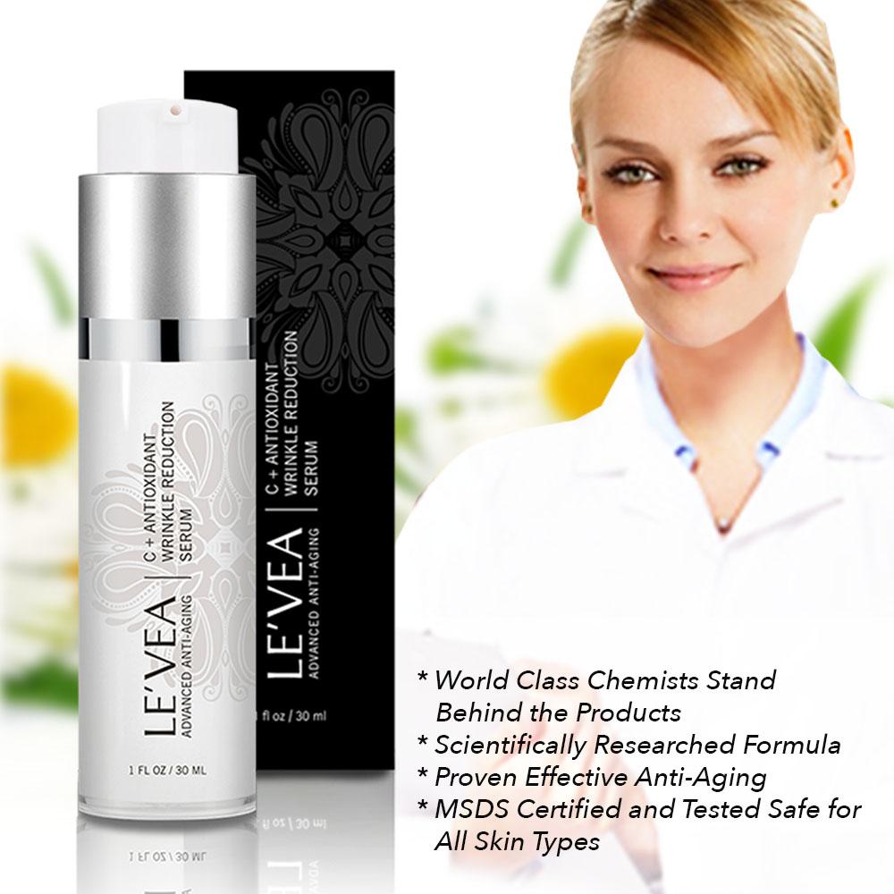 Le'Vea anti-aging serum with packaging and a woman in a lab coat.