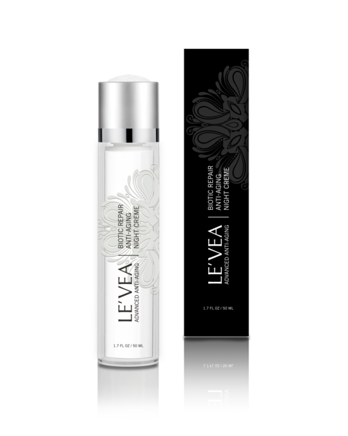 Levea skincare bottle and packaging on a white background