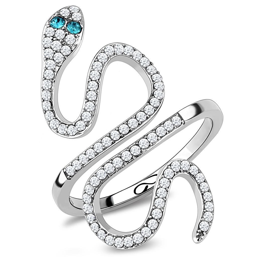 Silver snake-shaped ring with gemstones on a white background