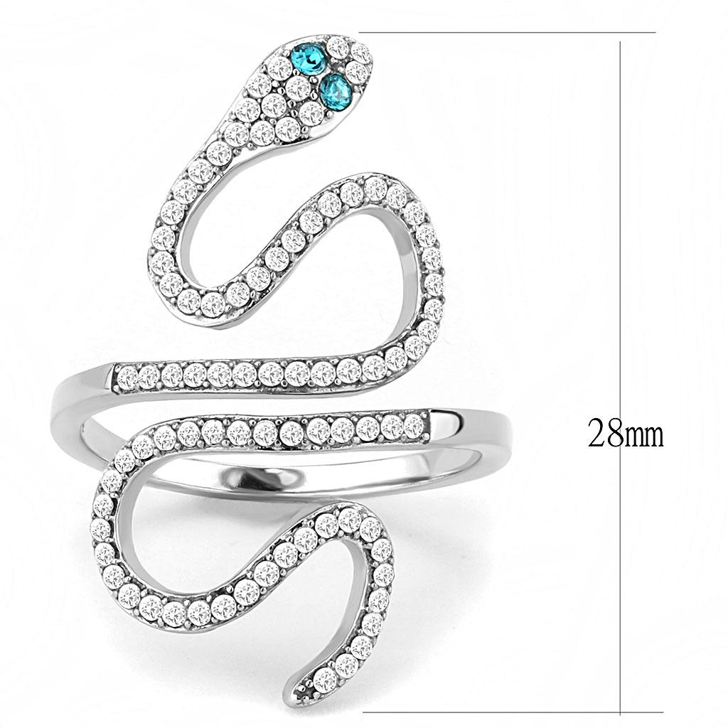 Silver snake-shaped ring with gemstones on a white background