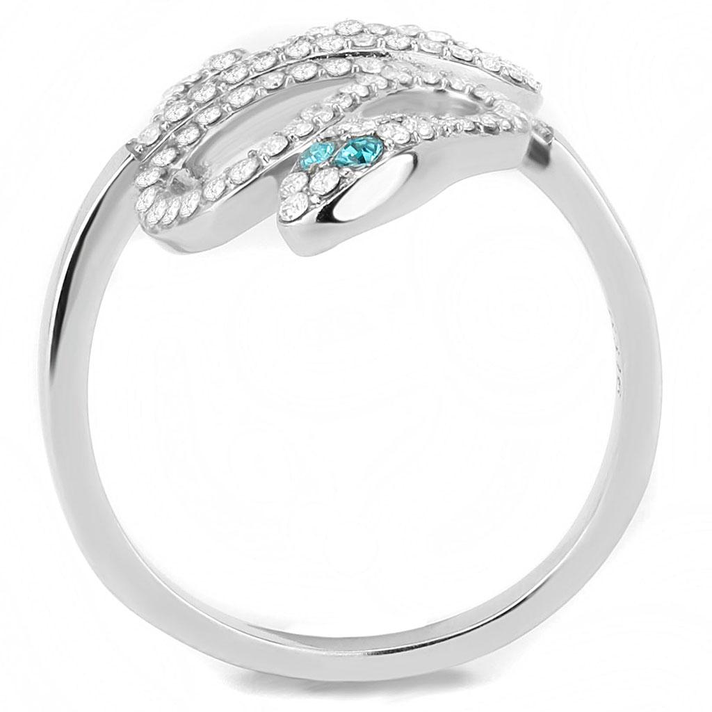 Silver ring with a blue gemstone on a white background
