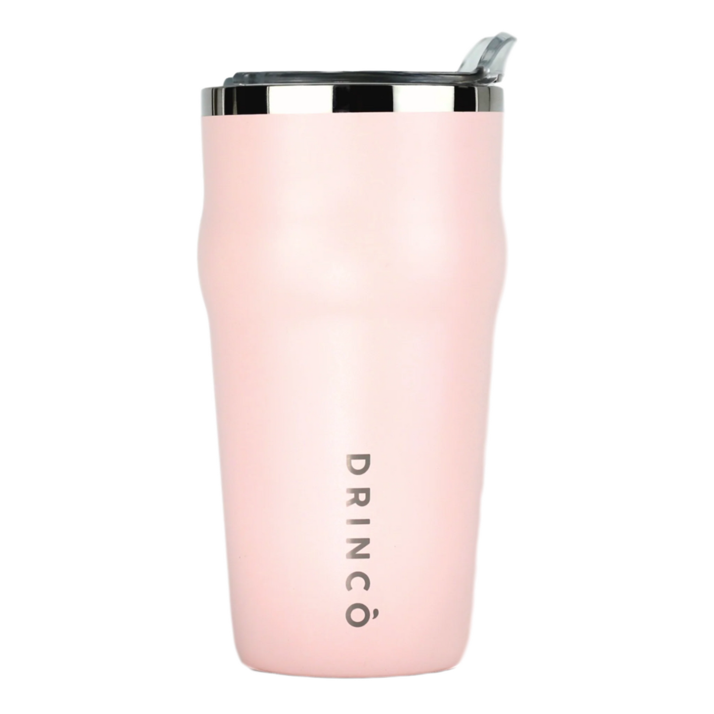 Pink insulated tumbler with silver lid on a white background