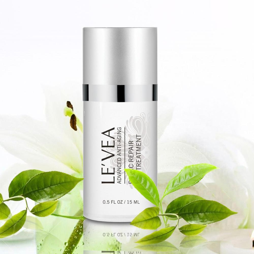 Skincare bottle labeled 'LE'VEA' with green leaves in the background