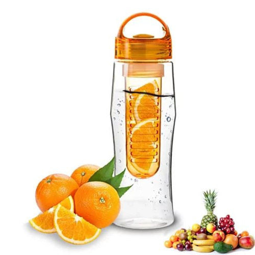 Fruitzola Jammer Fruit Infuser Water Bottle (27 oz) BPA-Free with orange infuser surrounded by oranges and other fruits on a white background