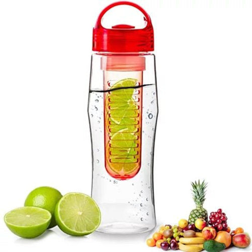 Fruitzola Jammer Fruit Infuser Water Bottle (27 oz) BPA-Free with red lid and fruit infuser, surrounded by limes and fruits on a white background