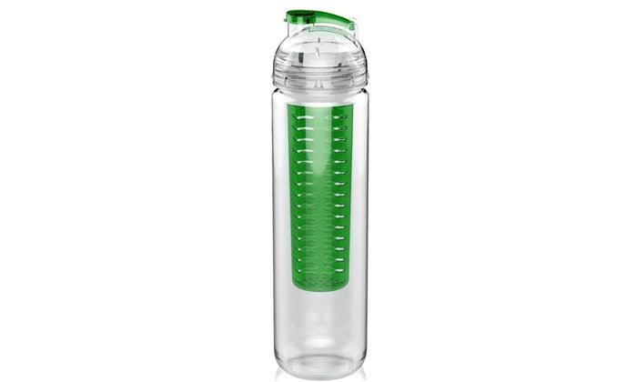 Fruitcola Dome Fruit Infuser Water Bottle (27 oz) clear water bottle with green interior and lid on a white background