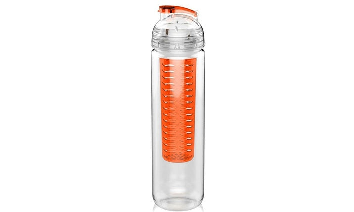 Fruitcola Dome Fruit Infuser Water Bottle (27 oz) clear water bottle with an orange infuser on a white background