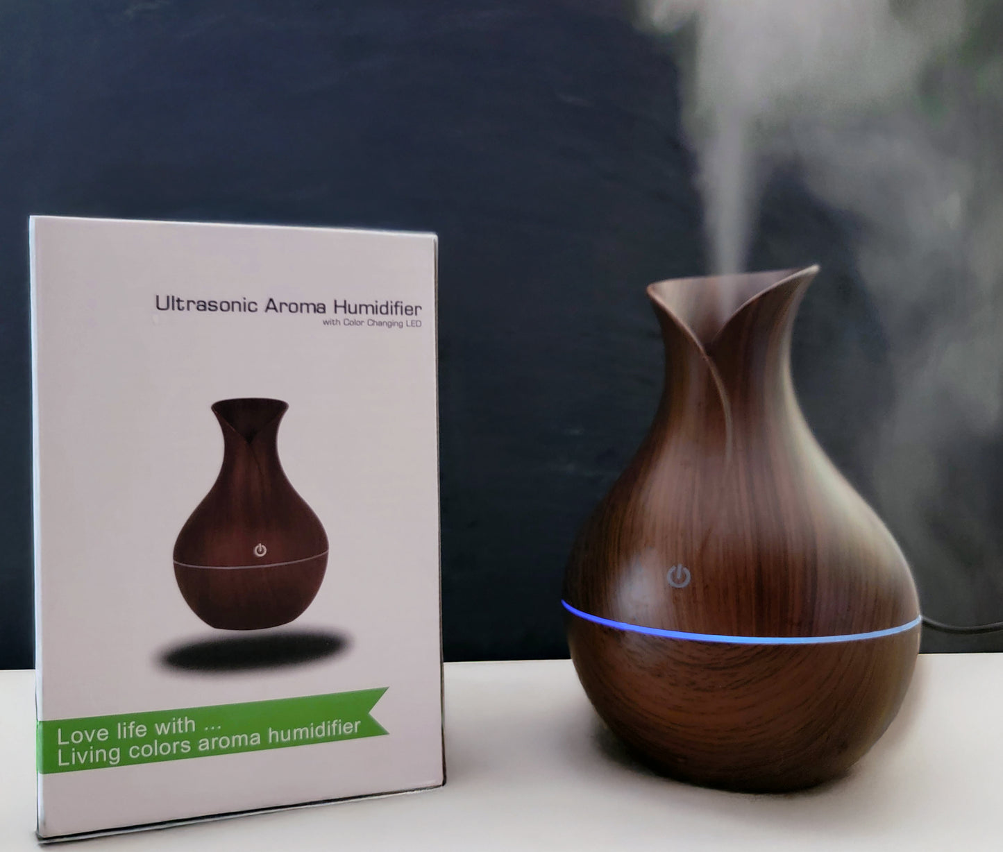 Ultrasonic Aroma Humidifier in use and Packaging