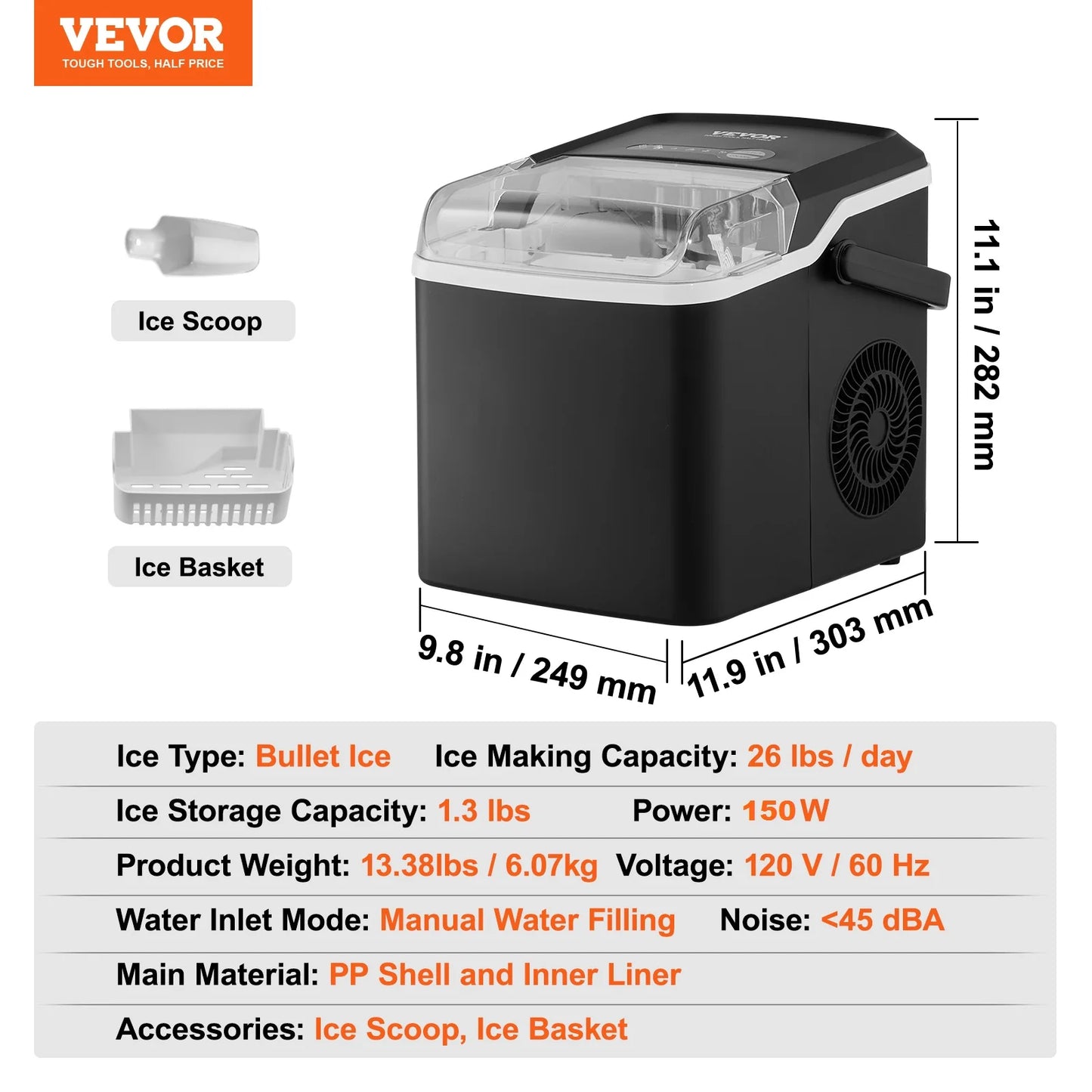 VEVOR Ice Maker, 9 Cubes in 7 Mins, 26lbs/Day, Self-Cleaning