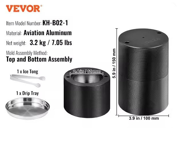 Black sphere ice maker with VEVOR branding, specifications, and included items on a white background.