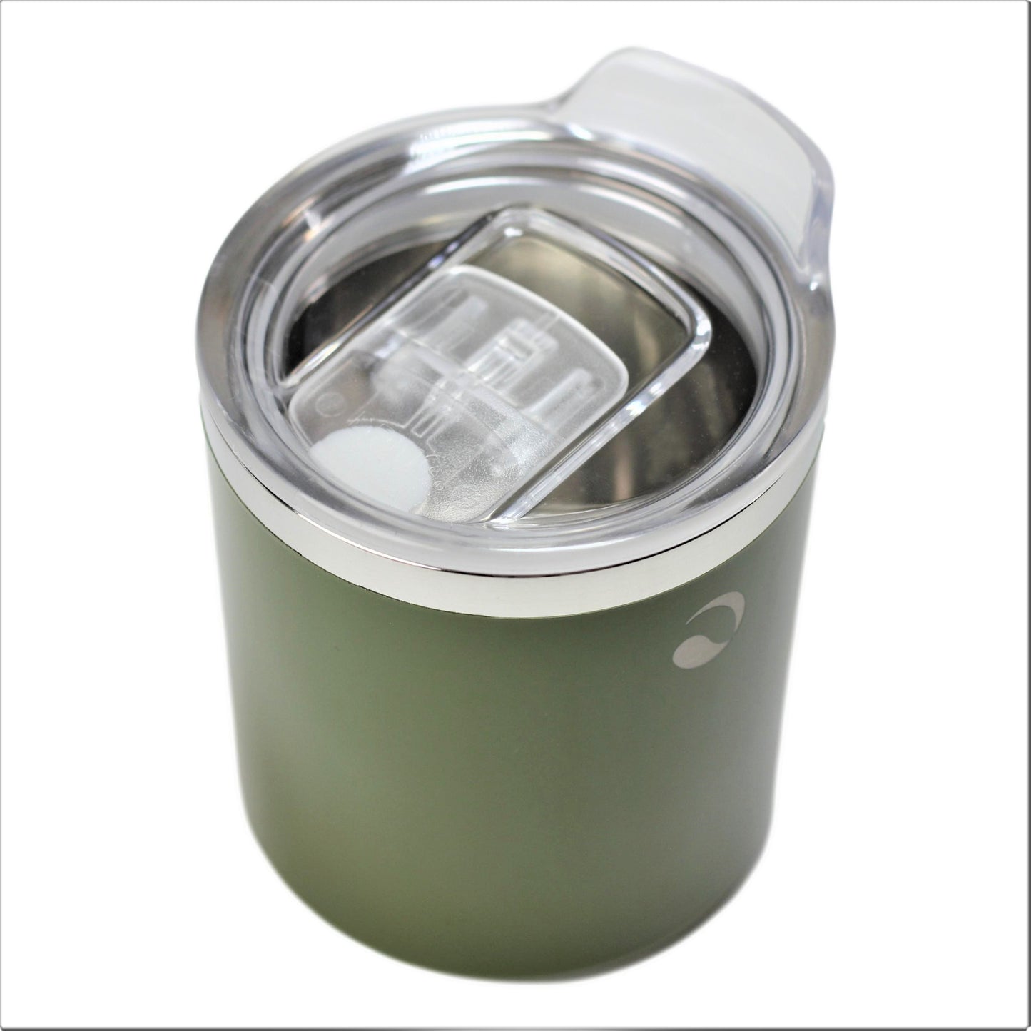 Green insulated tumbler with a silver lid on a white background