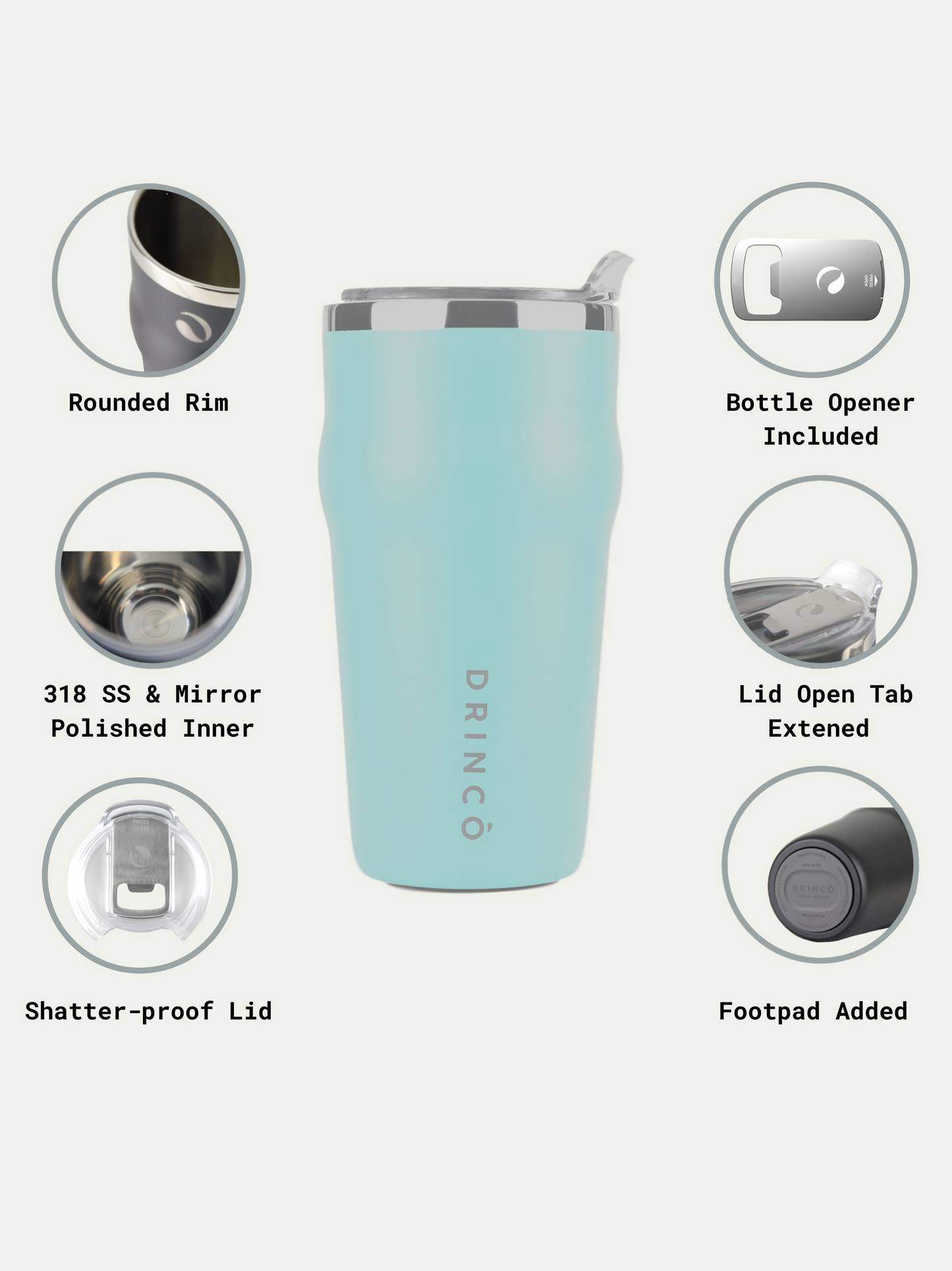Light blue tumbler with features highlighted on a white background