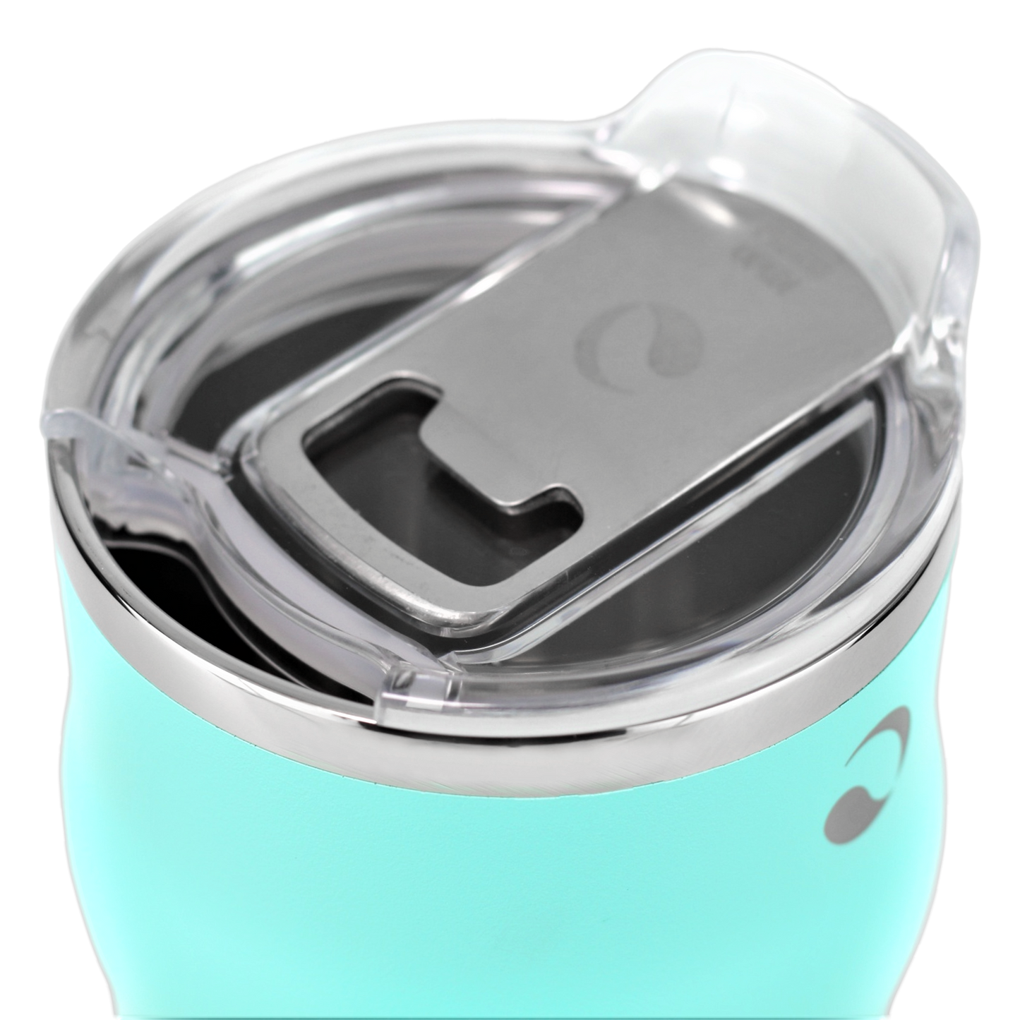 Turquoise tumbler with a clear lid on a white background