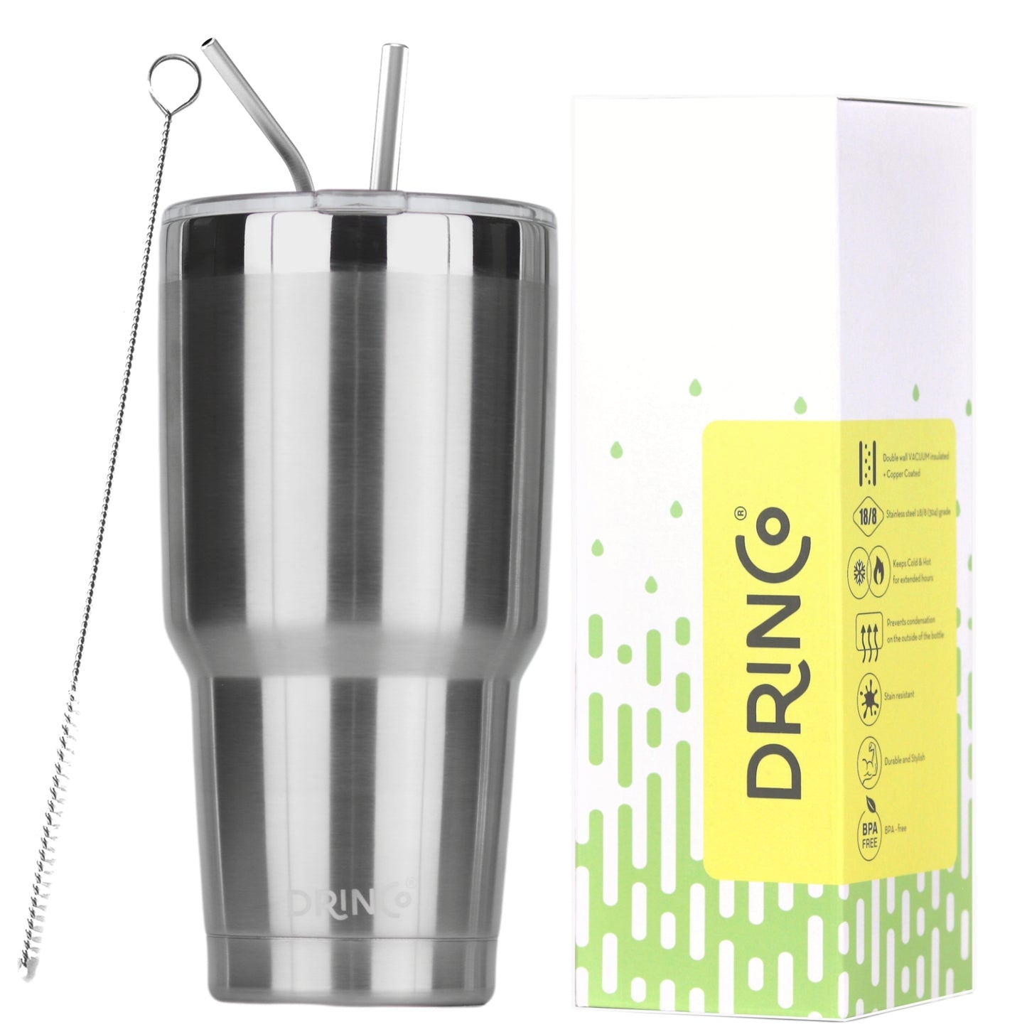 Stainless steel tumbler with straws and DRINCO packaging on a white background