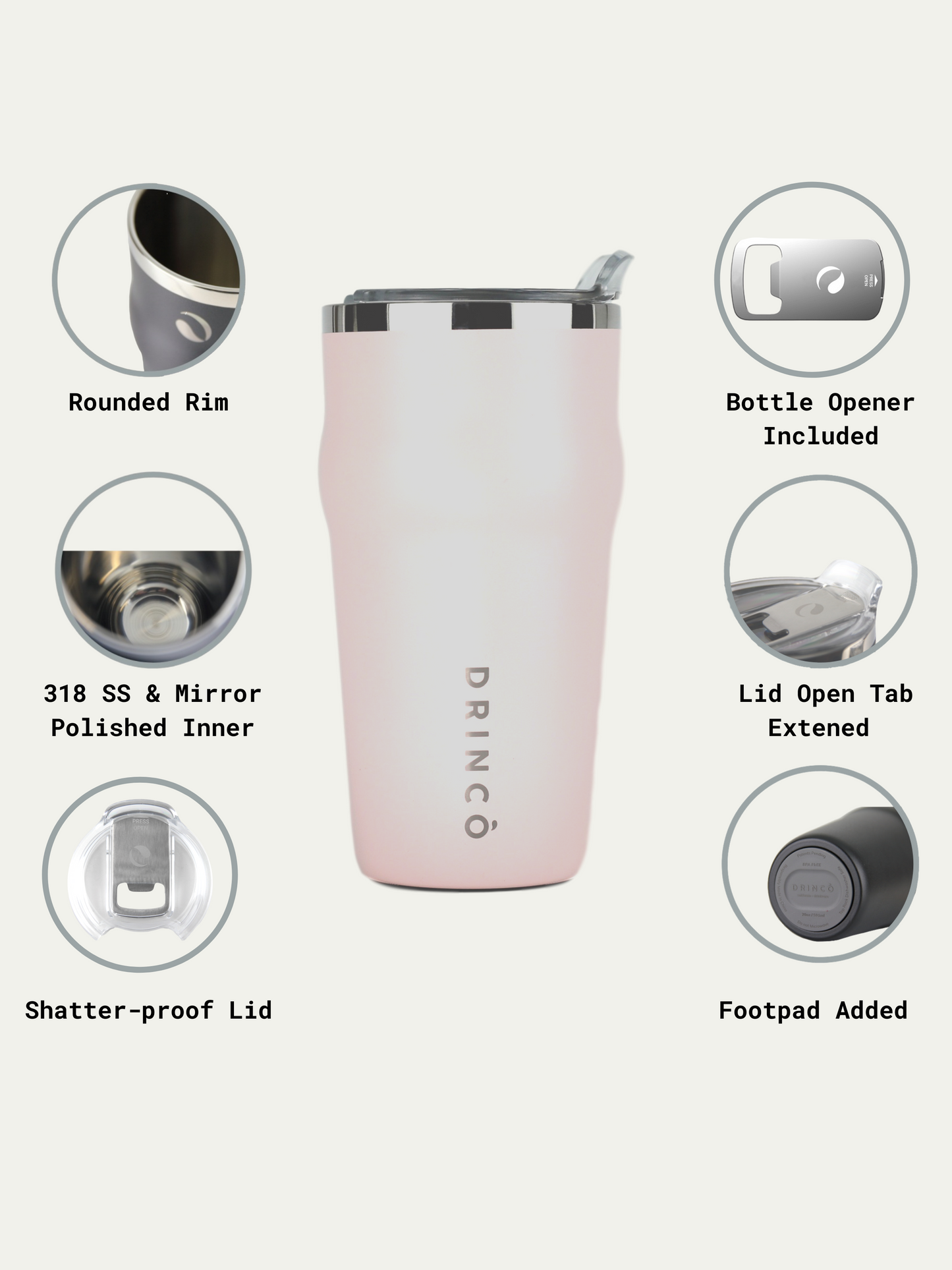 Pink insulated tumbler with features highlighted on a white background