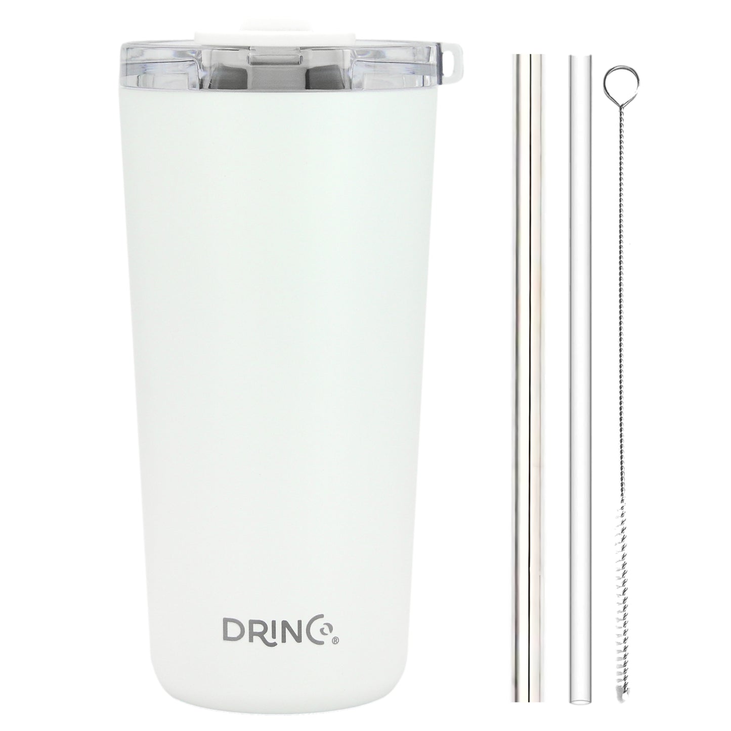 DRINCO® 20oz Insulated Tumbler Spill Proof Lid 2 Straws (Arctic White) with two straws and cleaning brush on a white background