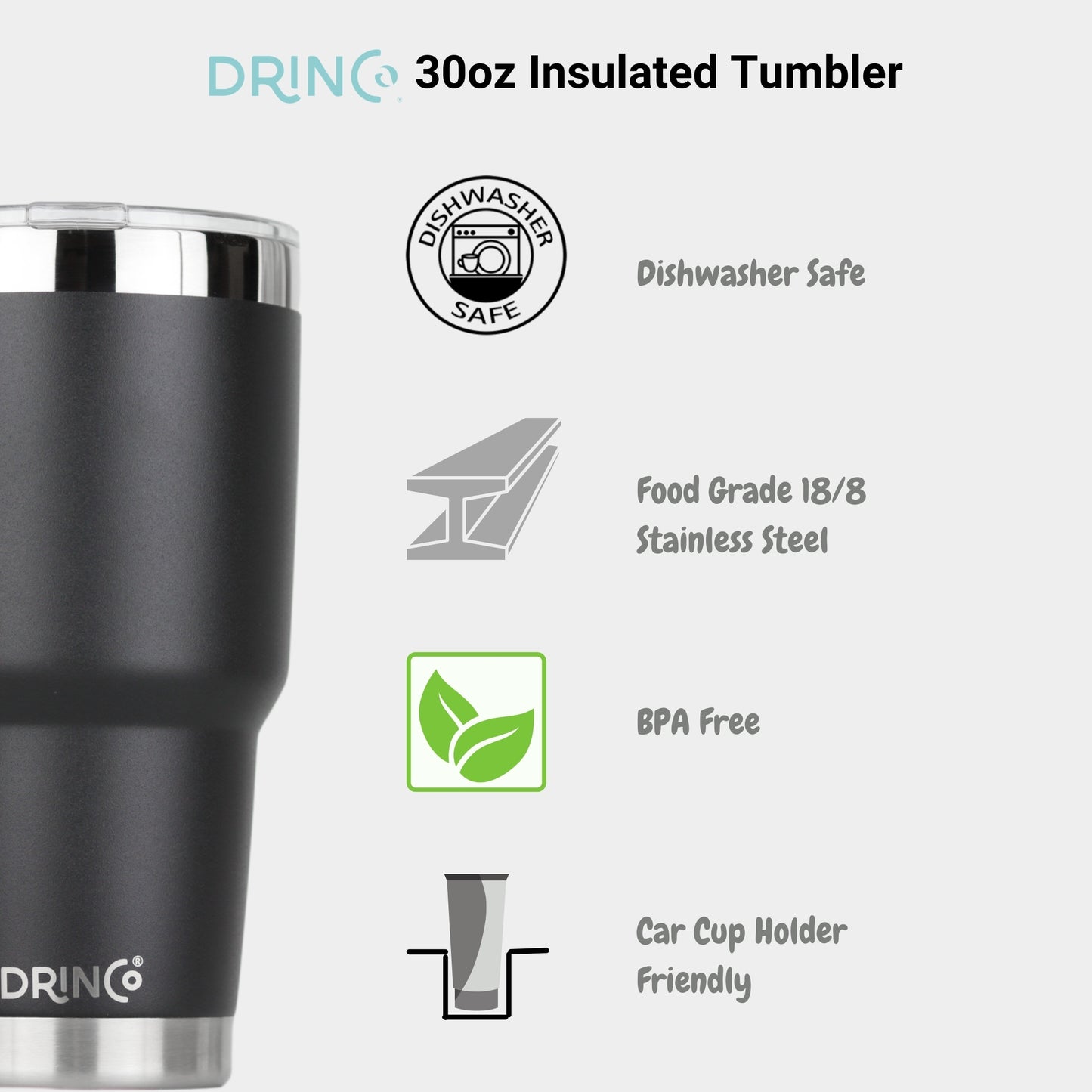 Black insulated tumbler with DRINCO branding and features listed on a white background