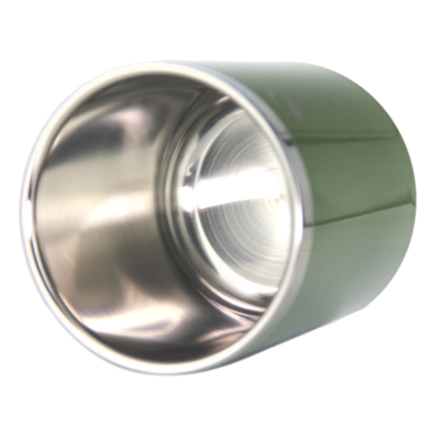 Metallic cylindrical object with reflective surface on a white background