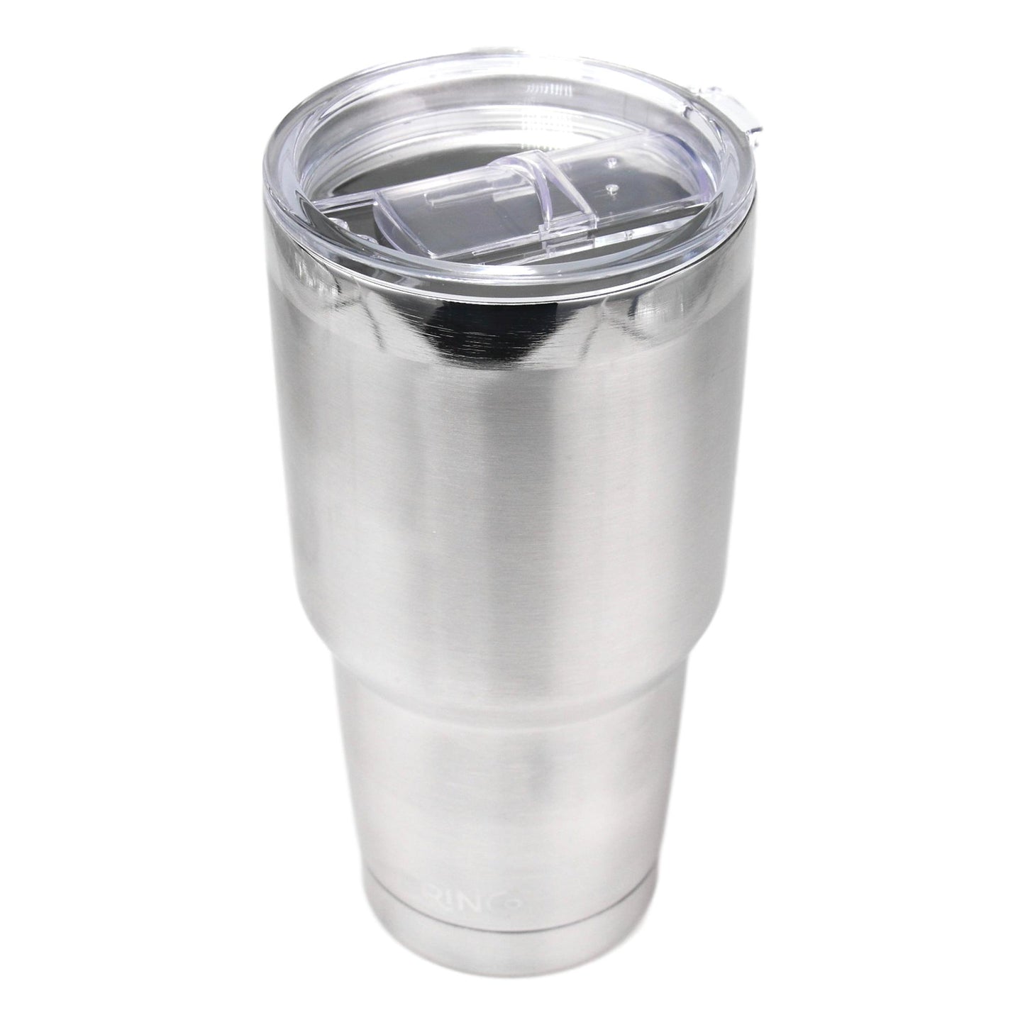 Silver insulated tumbler with a clear lid on a white background
