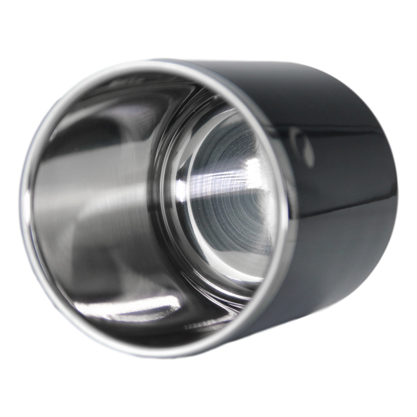 Metallic cylindrical object with reflective surface on a white background