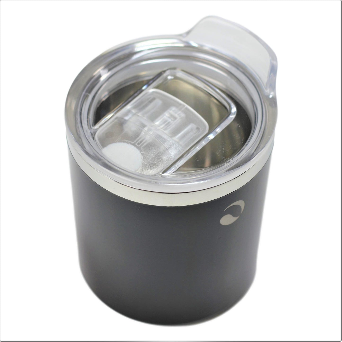 Black insulated tumbler with a clear lid on a white background