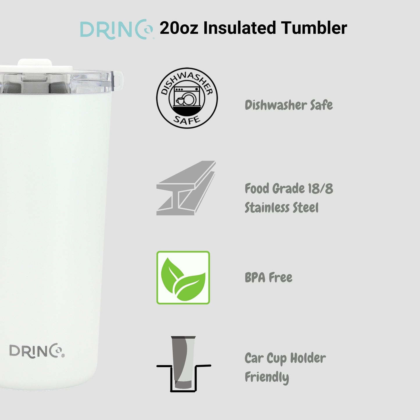 DRINCO® 20oz Insulated Tumbler Spill Proof Lid 2 Straws (Arctic White) with features listed on a white background