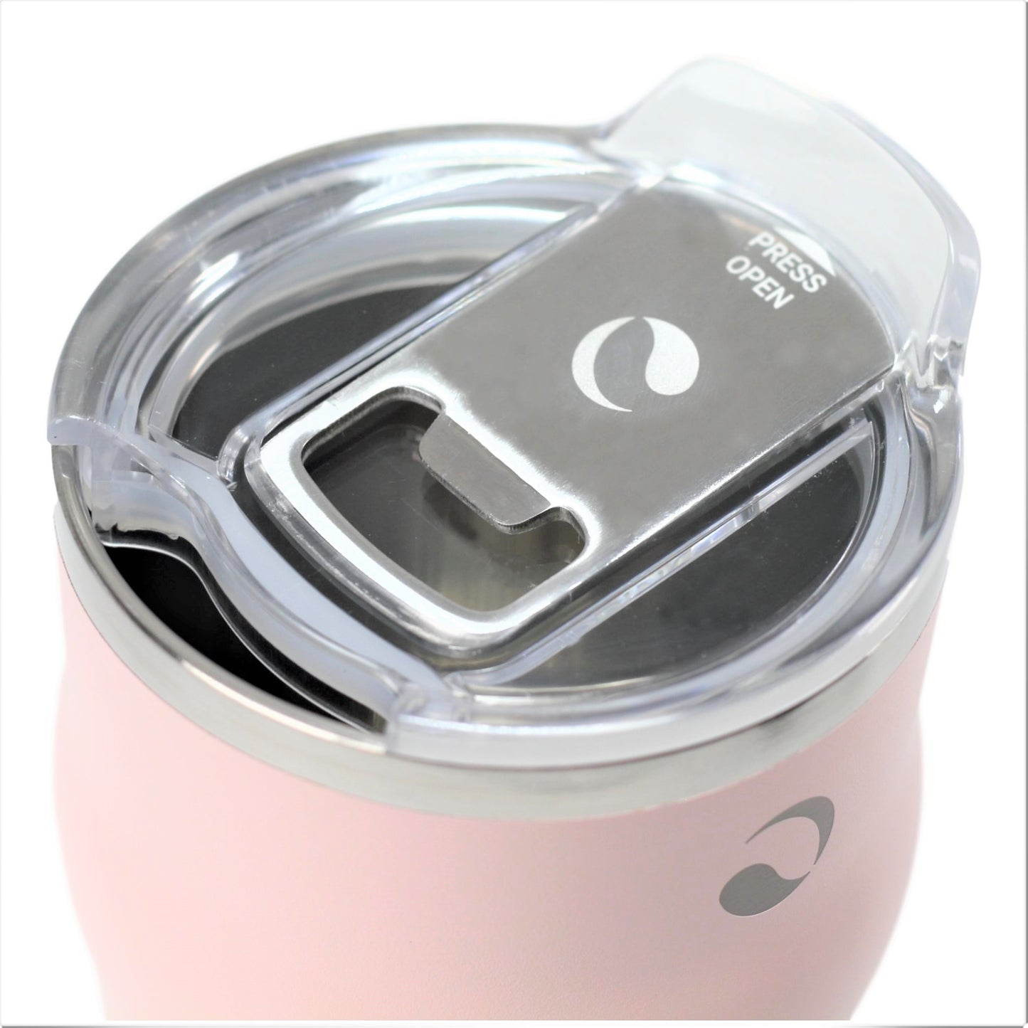 Pink tumbler with a clear lid featuring a bottle opener on a white background
