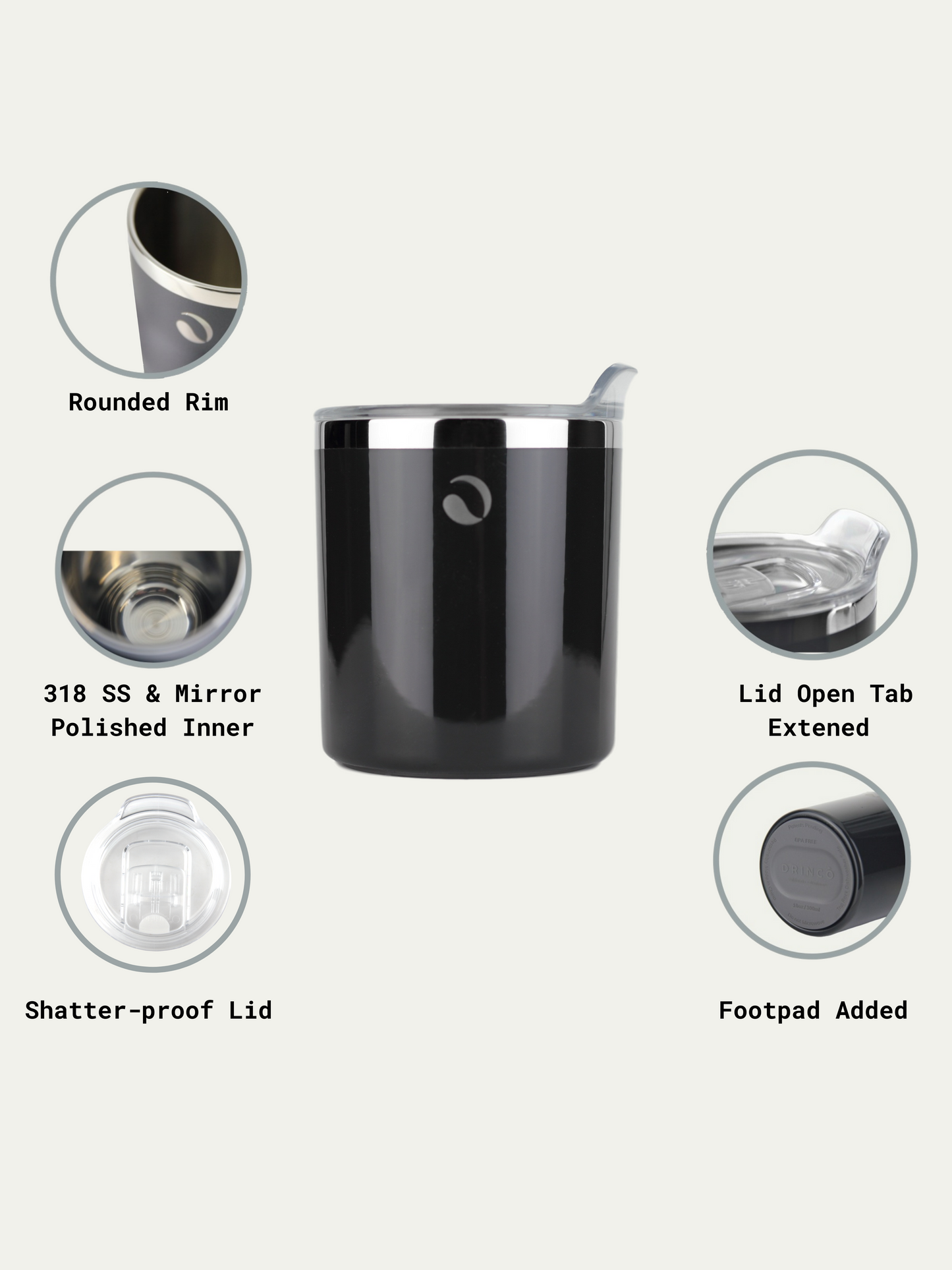 Black tumbler with features highlighted on a white background