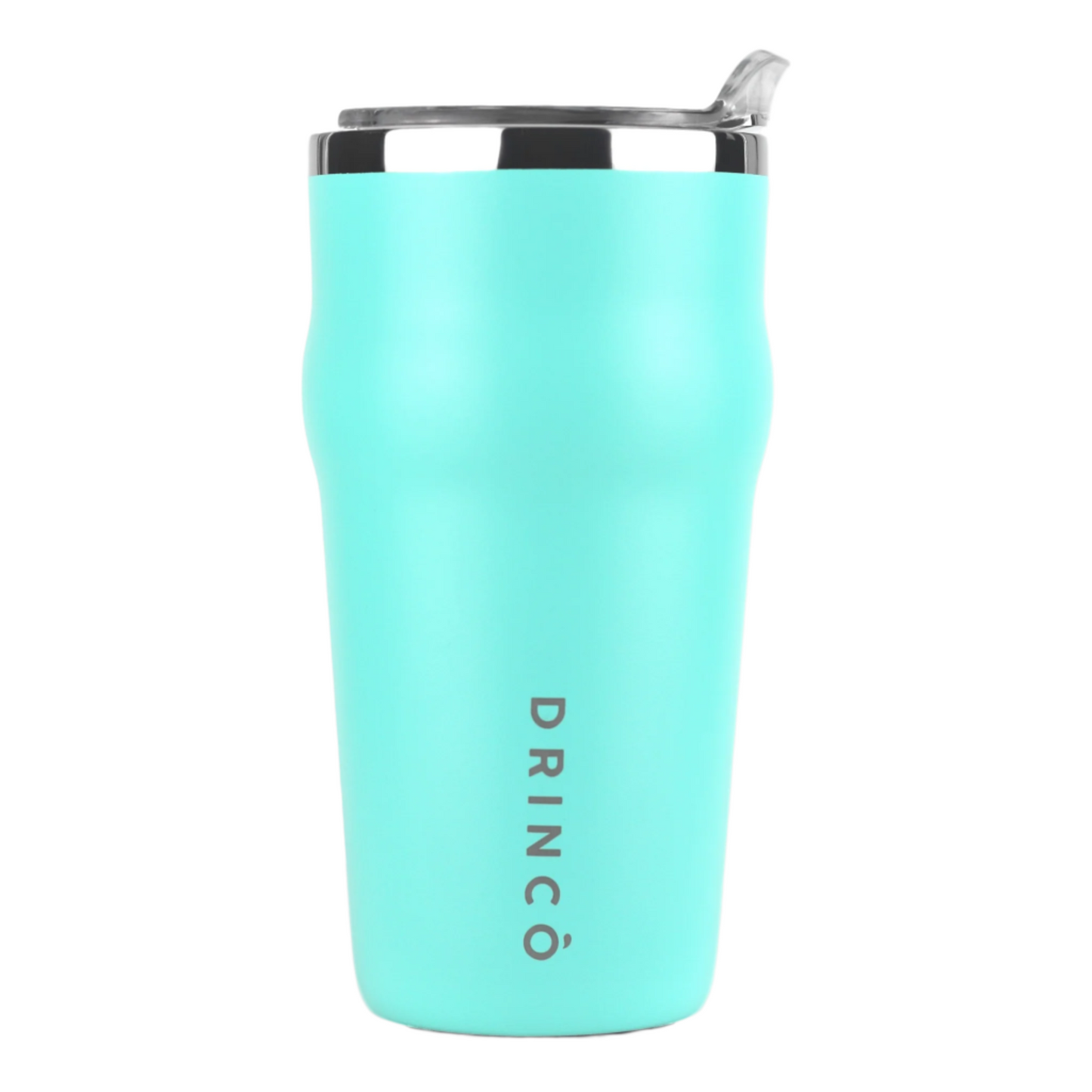 Turquoise tumbler with silver lid and straw on a white background