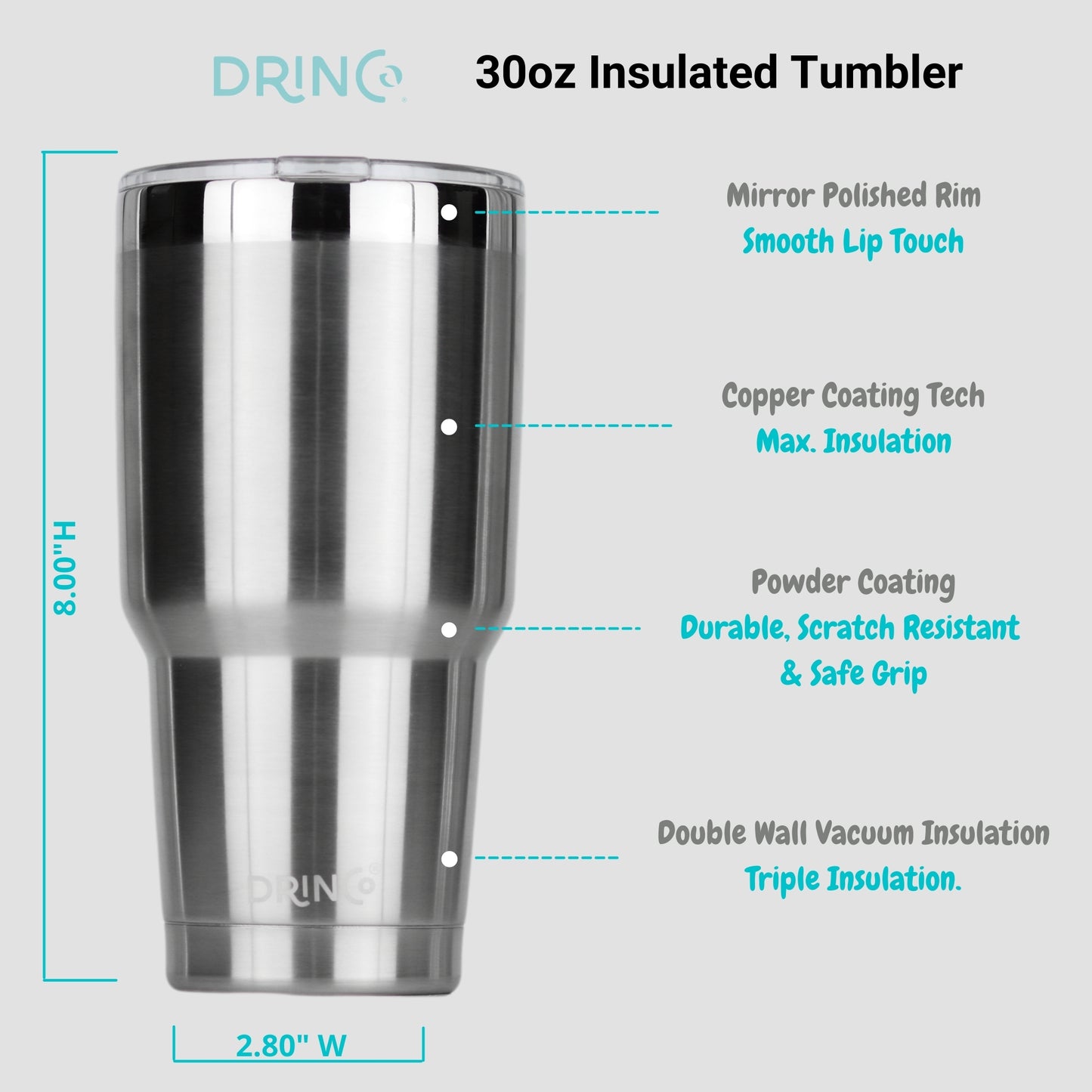 30oz insulated tumbler with features listed on a gray background