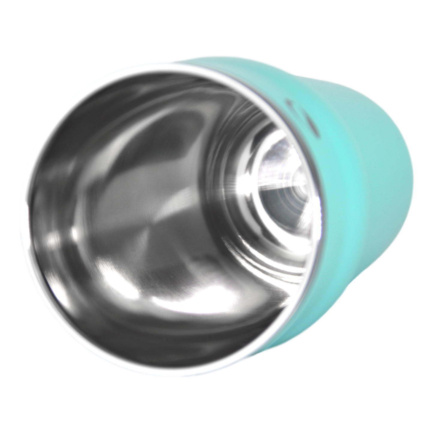 Turquoise and stainless steel cup on a white background