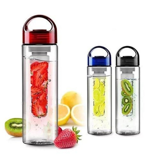 Three Fruitzola - The Fruit Infuser Water Bottles with Handle with fruits inside of bottle and on a white background