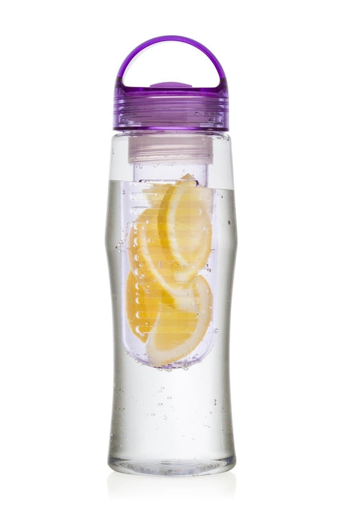 Fruitzola Jammer Fruit Infuser Water Bottle (27 oz) BPA-Free with purple lid containing lemon slices on a white background