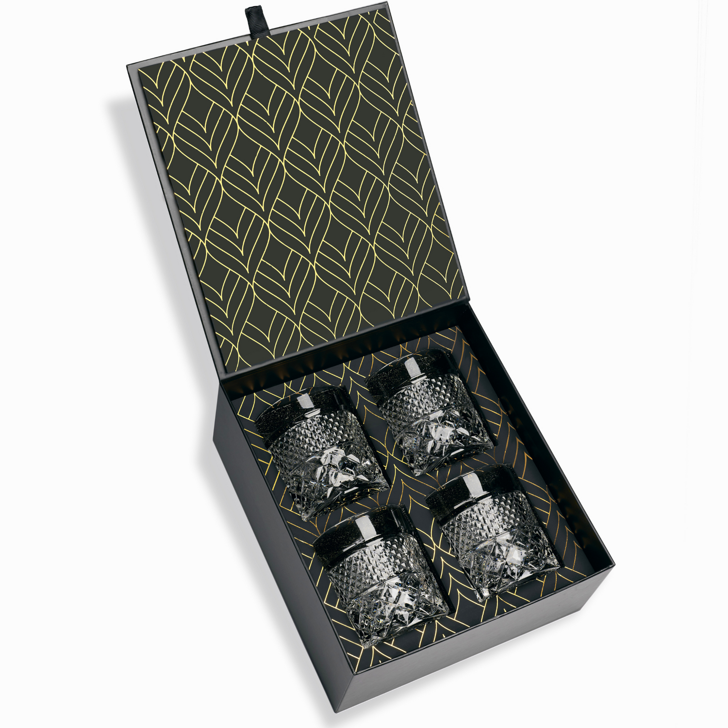 Set of four Rocks - The Privilege Collection - Admiral Glasses with black lids in a decorative box on a white background