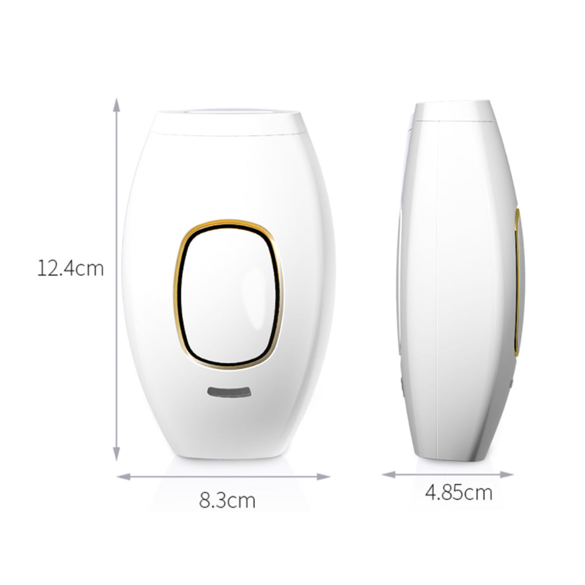White electronic "Face to Feet" Laser Hair Remover device with gold accents and dimensions labeled on a white background