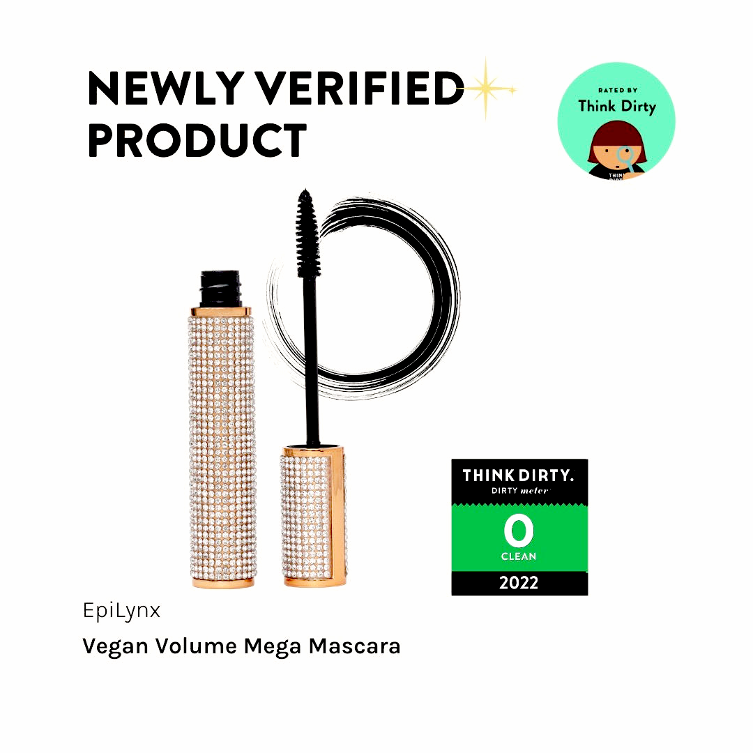 EpiLynx Vegan Volume Mega Mascara with Think Dirty certification on a white background