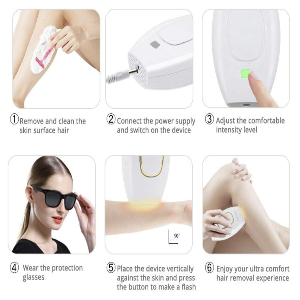 Step-by-step guide on using a hair removal device with images and text instructions.