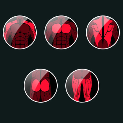 Set of five circular icons showing different body parts with red and black designs on a black background.