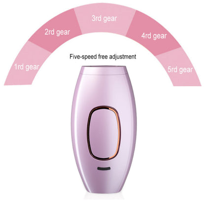 Pink hair removal device with five-speed adjustment scale on a white background